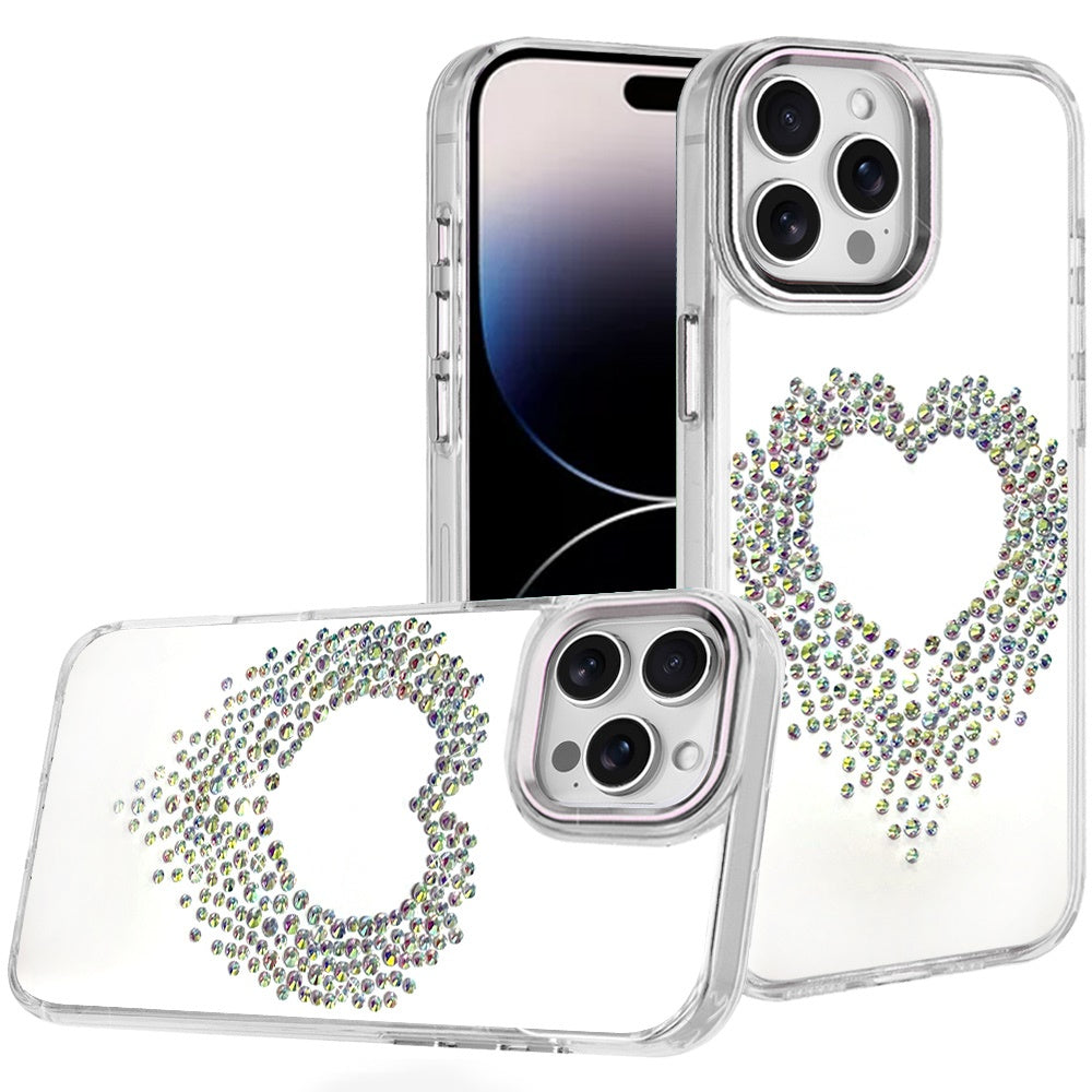 For iPhone 14 Pro Max (6.7") Angel Hearts Bling Glitter Diamond Hybrid TPU Cover, Colorful Frame Shockproof Protective Back Case Cover