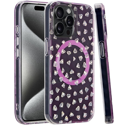 For Apple iPhone 15 Pro Max (6.7") Floral Pattern Design Cute Clear Hybrid Compatible with Magsafe Double Layer Soft TPU Hard PC Case Cover