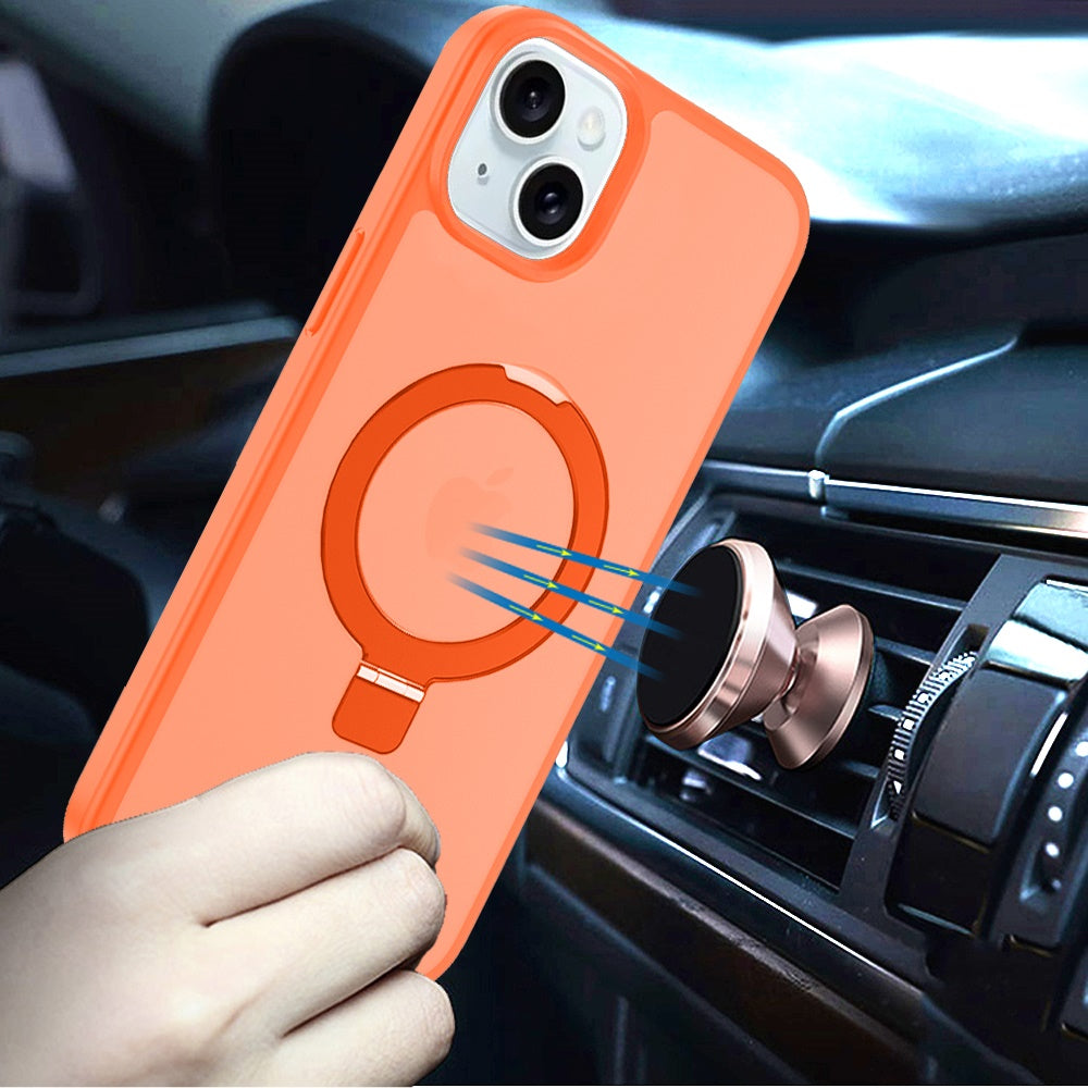 Phone Case for iPhone 15 Plus (6.7") Magnetic Ring Stand Full Rotation Matte Shockproof Grip Anti Slip Durable Camera Protection Hybrid Cover Cosmic Orange