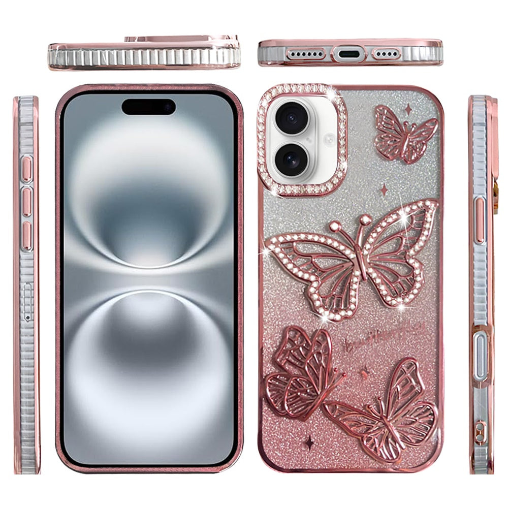 For Apple iPhone 17E /16E Luxury Butterfly Sparkle Glitter Diamond Crystal Rhinestone Shimmer Bling Plating Thick TPU Hard PC Case Cover Rose Gold