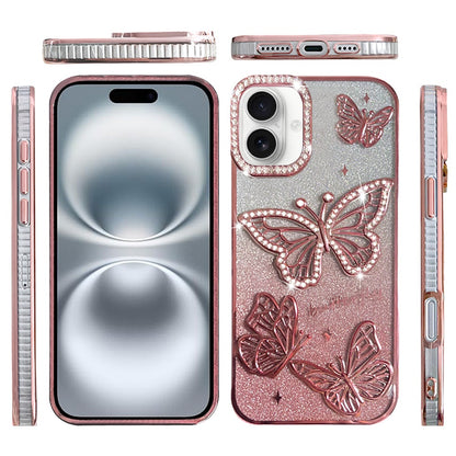 For Apple iPhone 17E /16E Luxury Butterfly Sparkle Glitter Diamond Crystal Rhinestone Shimmer Bling Plating Thick TPU Hard PC Case Cover Rose Gold