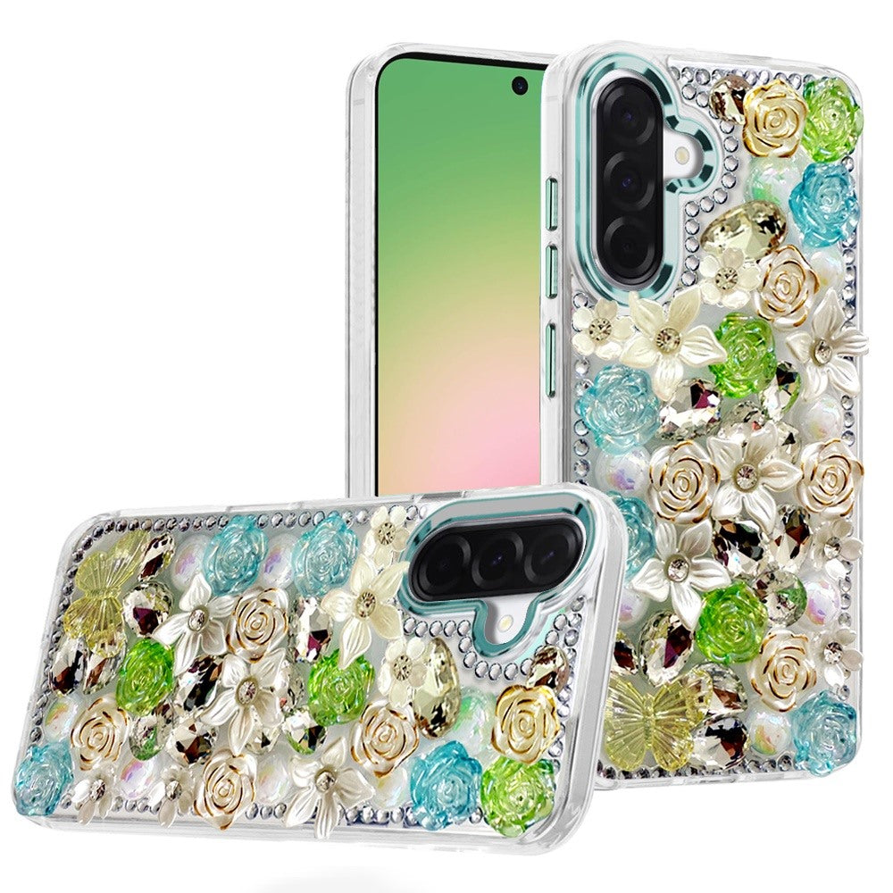For Samsung Galaxy A57 3D Diamond Floral Roses Flower Bling Stone Hybrid, Sparkly Rhinestone Gemstone Back Shockproof Case Cover