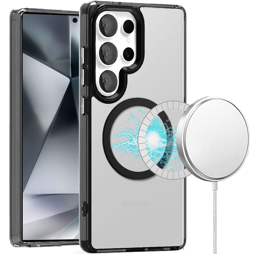 For Samsung Galaxy S24 Ultra Transparent Back Hybrid Case - Magnetic Circle, Color Frame, Metal Buttons, MagSafe Compatible Case Cover