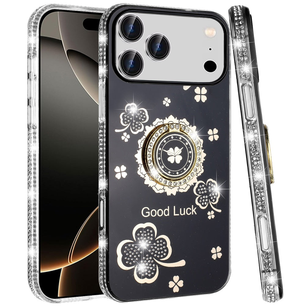 For Apple iPhone 17 Pro (6.3") Diamonds Bling All Around Edges Sparkly Glitter Hybrid with Ring Stand Holder Fashion Good Luck Case Cover