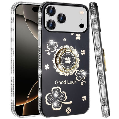 For Apple iPhone 17 Pro (6.3") Diamonds Bling All Around Edges Sparkly Glitter Hybrid with Ring Stand Holder Fashion Good Luck Case Cover