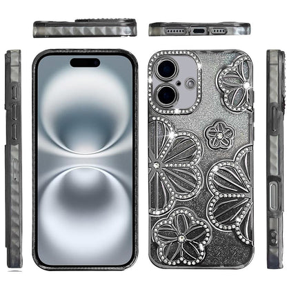For iPhone 16 (6.1") Luxury Flower Design Sparkle Glitter Diamond Rhinestone Shimmer Bling Plating Thick TPU Hard PC Case Cover