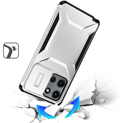 For Motorola Moto G Stylus 5G 2025 Slim Fit Shockproof Hybrid with Slide Camera Window Covering, Rugged Tpu Silicone Hard PC Bumper Case Cover Silver