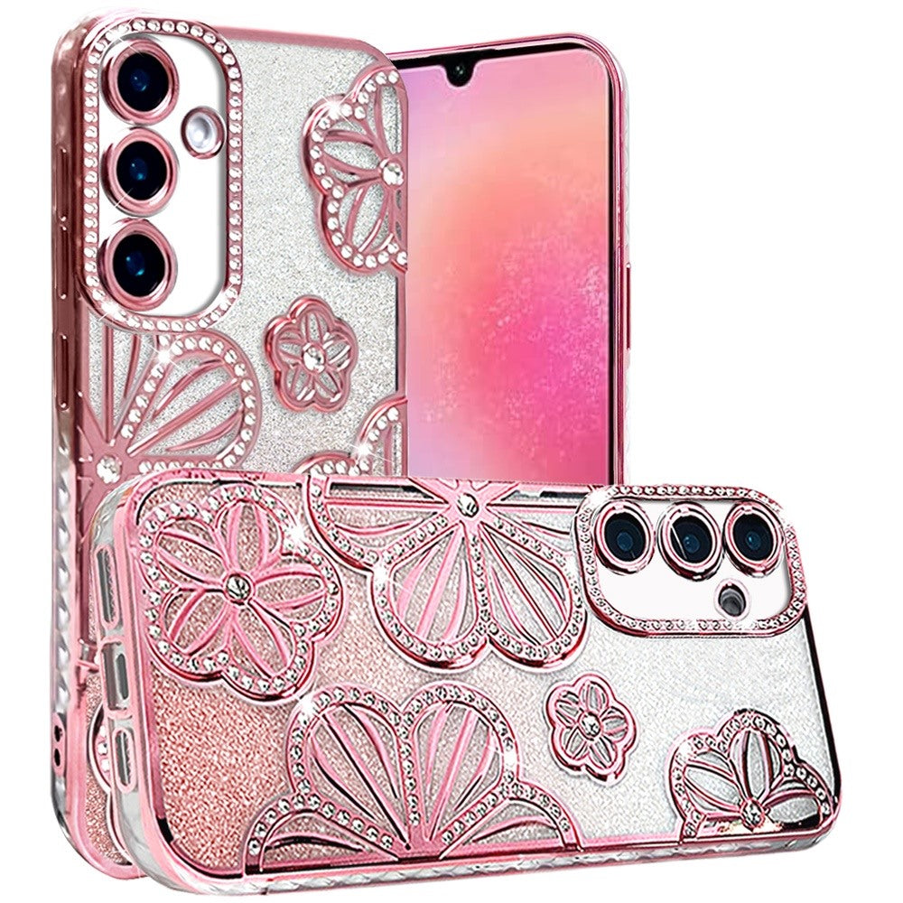 For Samsung Galaxy S24 Fan Edition /Galaxy S24 FE Luxury Flower Design Sparkle Glitter Diamond Rhinestone Shimmer Bling Plating Thick TPU Hard PC Case Cover
