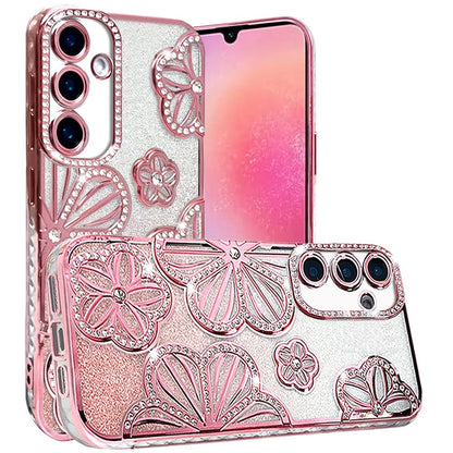 For Samsung Galaxy S24 Fan Edition /Galaxy S24 FE Luxury Flower Design Sparkle Glitter Diamond Rhinestone Shimmer Bling Plating Thick TPU Hard PC Case Cover