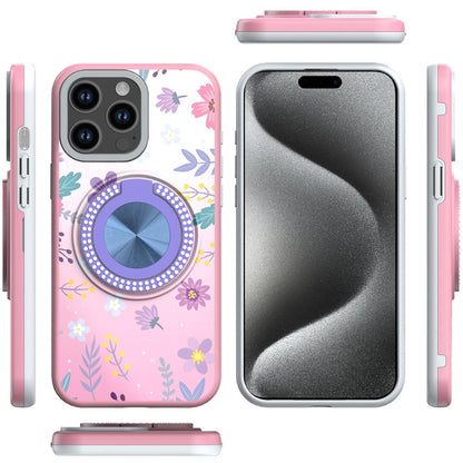 For Apple iPhone 15 Pro Max Pattern Design Hybrid with Invisible Ring Stand & Magnetic Back, Shockproof Protective Grip Case Cover