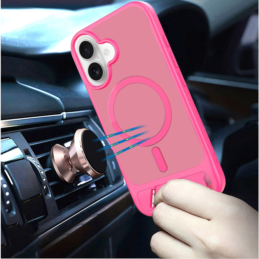 For Apple iPhone 17 (6.3") Matte Magnetic Circle Back TPU Hybrid Drop Protection with Metal Kickstand Shockproof Design Case Cover Hotpink