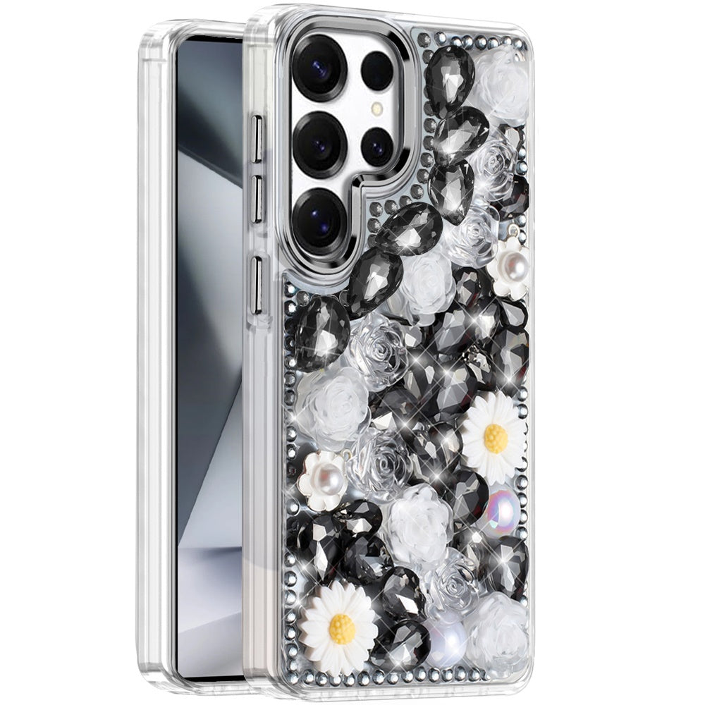 For Samsung Galaxy S26 Ultra Fashion Daisy Floral Series, Full 3D Bling Crystal Diamonds Sparkling Rhinestone Glitter Hybrid Design Case Cover