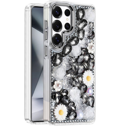 For Samsung Galaxy S26 Ultra Fashion Daisy Floral Series, Full 3D Bling Crystal Diamonds Sparkling Rhinestone Glitter Hybrid Design Case Cover