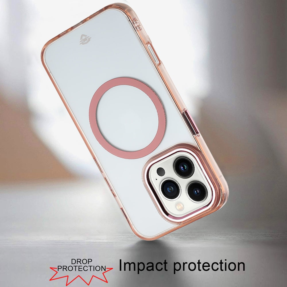 For Apple iPhone 13 Pro Transparent Back Hybrid Case - Magnetic Circle, Color Frame, Metal Buttons, MagSafe Compatible Case Cover Rose Gold
