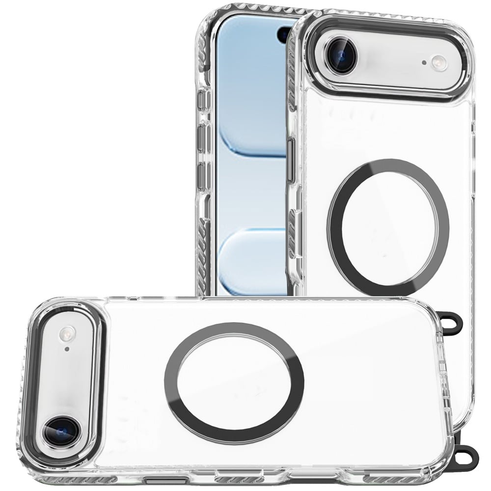 For Apple iPhone 17 Air (6.6") Clear Magnetic Frame PC Back Shockproof Protective Case with Detachable Lanyard Strap, Compatible with MagSafe Case Cover Black
