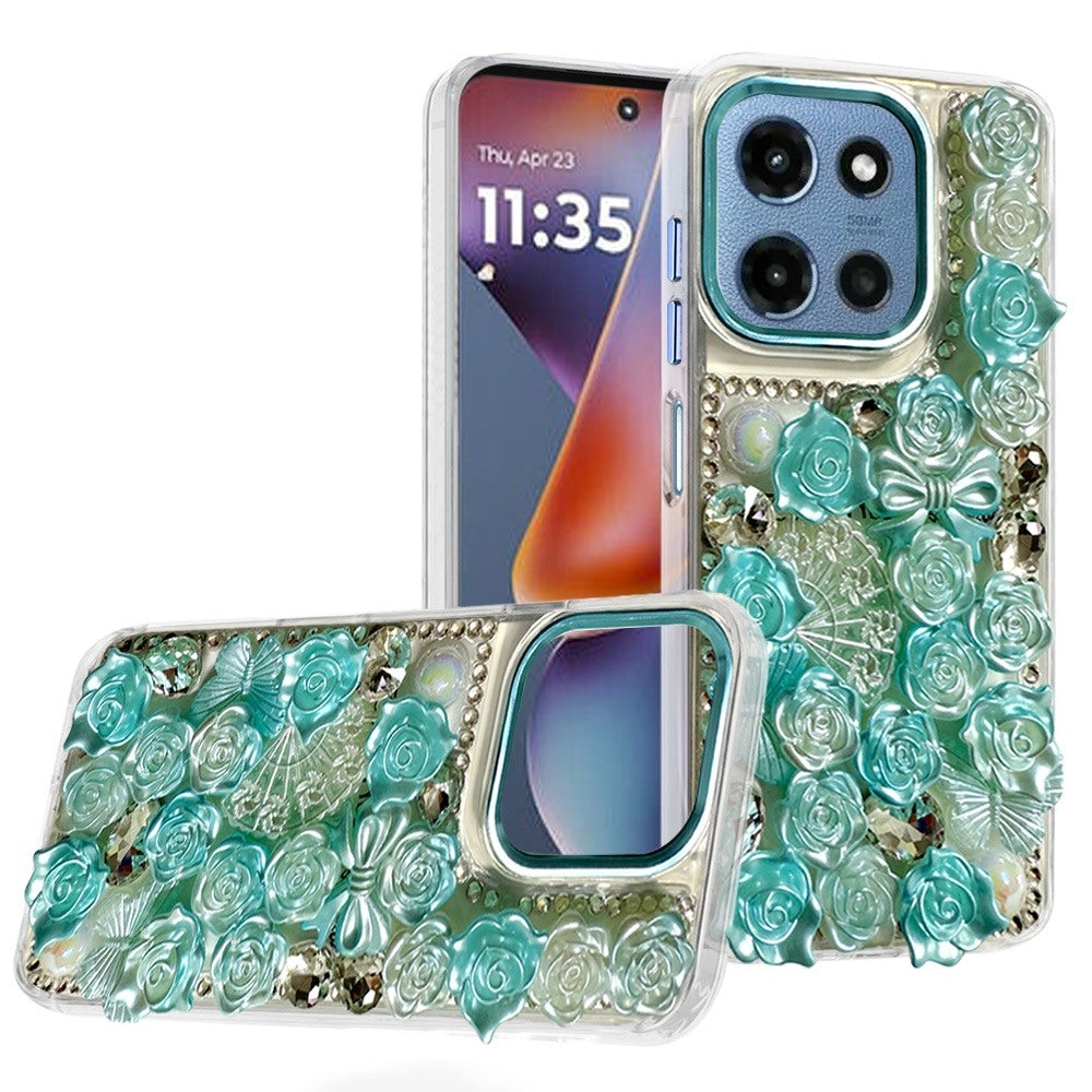 For Samsung Galaxy A37 3D Diamond Floral Roses Flower Bling Stone Hybrid, Sparkly Rhinestone Gemstone Back Shockproof Case Cover