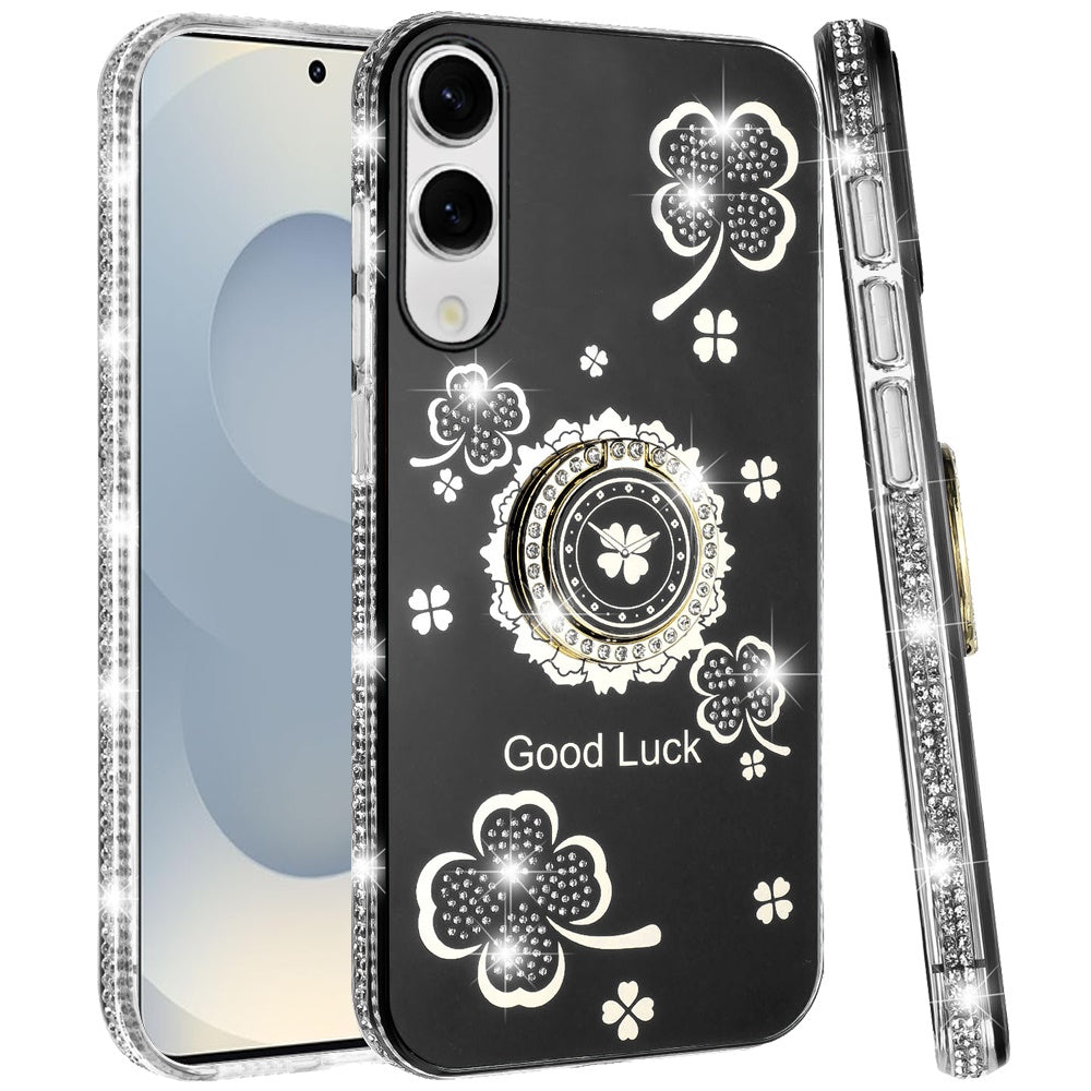 For Samsung Galaxy S25 EDGE Diamonds Bling All Around Edges Sparkly Glitter Hybrid with Ring Stand Holder Fashion Good Luck Case Cover