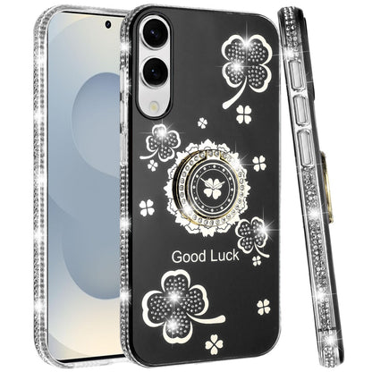 For Samsung Galaxy S25 EDGE Diamonds Bling All Around Edges Sparkly Glitter Hybrid with Ring Stand Holder Fashion Good Luck Case Cover