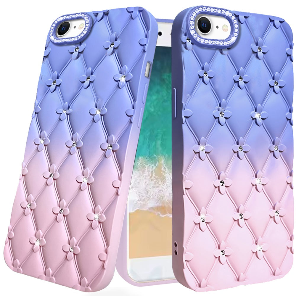 For Apple iPhone 17E /16E Fashion Flower Design Sparkle Glitter Shimmer Rhinestone Bling Floral Accents, Leather Texture TPU Case Cover