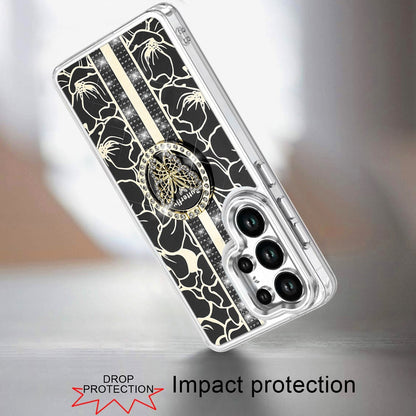 For Samsung Galaxy S25 Ultra Diamonds 3D Butterfly Floral Design Bling Sparkly Glitter Hybrid Metal Fashion with Ring Stand Case Cover Cosmic Orange