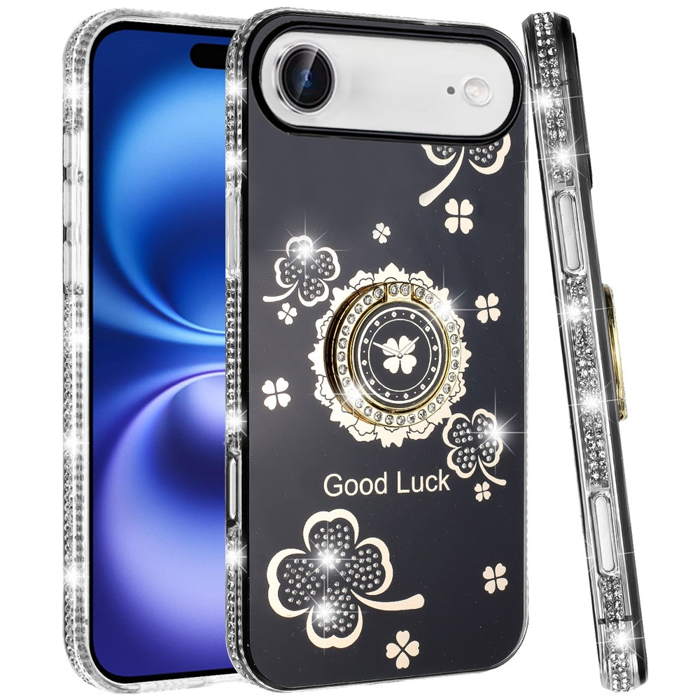 For Apple iPhone 17 Air (6.6") Diamonds Bling All Around Edges Sparkly Glitter Hybrid with Ring Stand Holder Fashion Good Luck Case Cover
