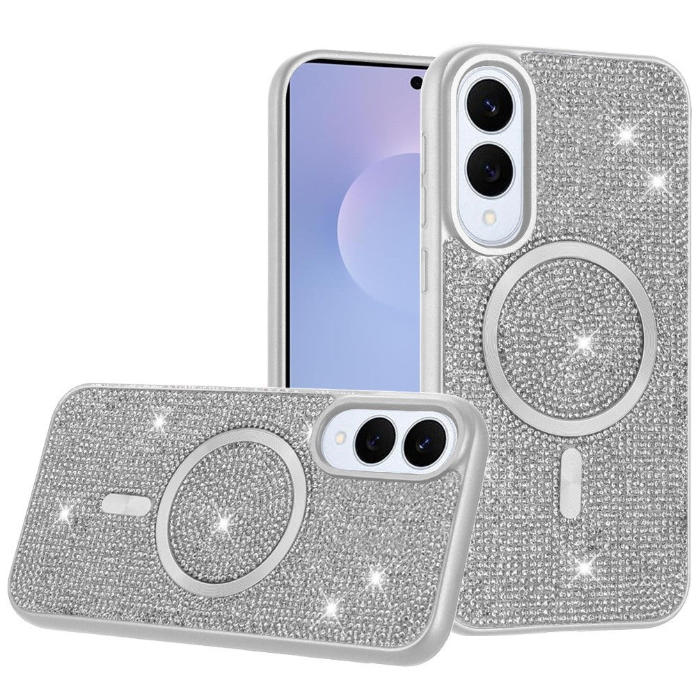 For Samsung Galaxy S25 EDGE Sparkly Diamond Bling Case Rhinestone Skin Hybrid with Magnetic Circle, MagSafe Compatible Case Cover White