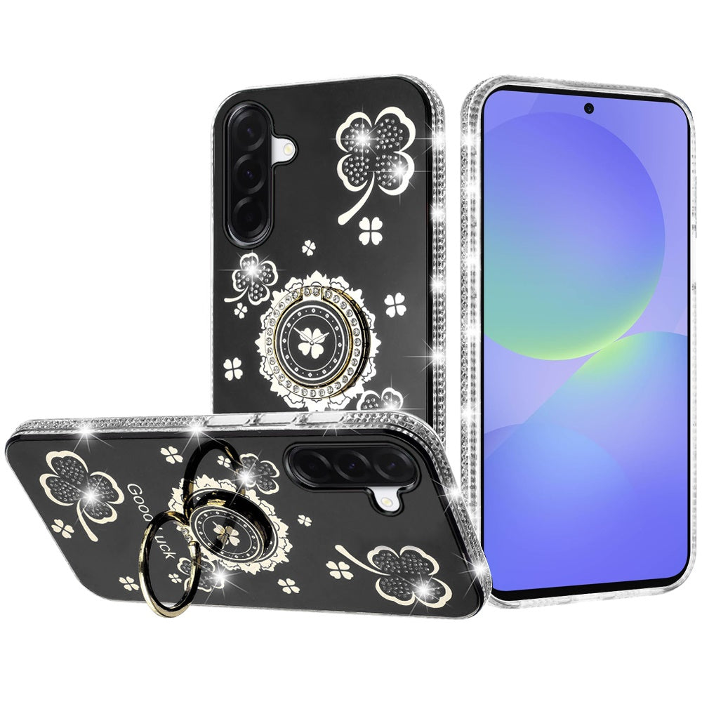 For Samsung Galaxy A37 Diamonds Bling All Around Edges Sparkly Glitter Hybrid with Ring Stand Holder Fashion Good Luck Case Cover