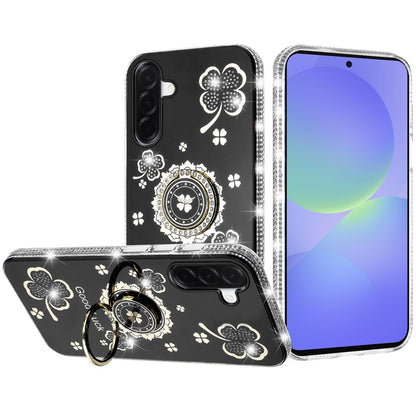 For Samsung Galaxy A37 Diamonds Bling All Around Edges Sparkly Glitter Hybrid with Ring Stand Holder Fashion Good Luck Case Cover