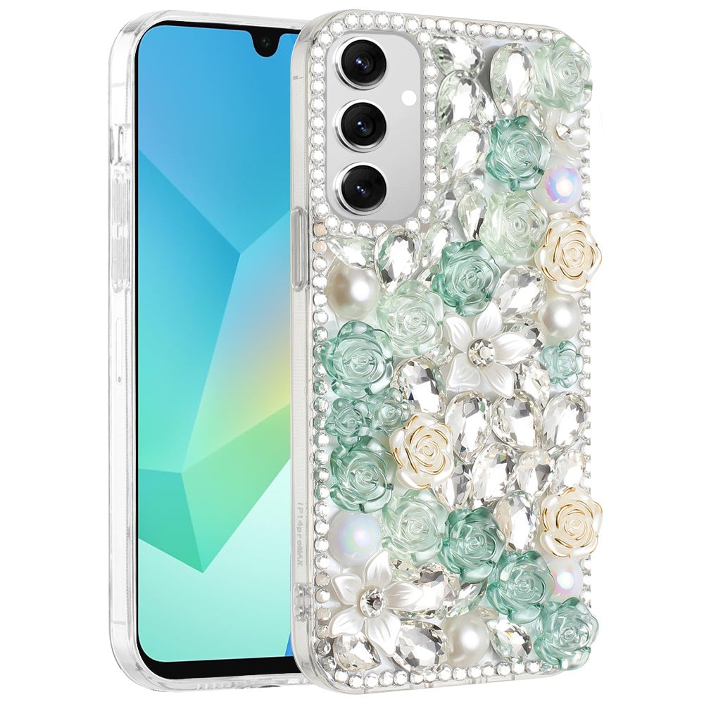 For Samsung Galaxy A16 5G Fashion Rose Flower Floral Bling Crystal 3D Full Diamonds Pearl Sparkle Rhinestone Glitter Hybrid Case Cover