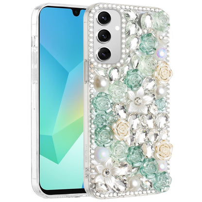 For Samsung Galaxy A16 5G Fashion Rose Flower Floral Bling Crystal 3D Full Diamonds Pearl Sparkle Rhinestone Glitter Hybrid Case Cover