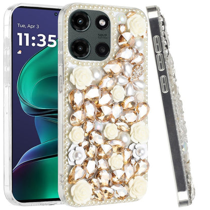 For Motorola Moto G Stylus 5G 2025 Fashion Rose Flower Floral Bling Crystal 3D Full Diamonds Pearl Sparkle Rhinestone Glitter Hybrid Case Cover