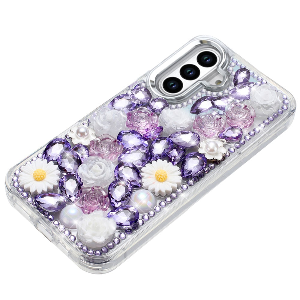 For Samsung Galaxy S25 /S24 Fashion Daisy Floral Series, Full 3D Bling Crystal Diamonds Sparkling Rhinestone Glitter Hybrid Design Case Cover