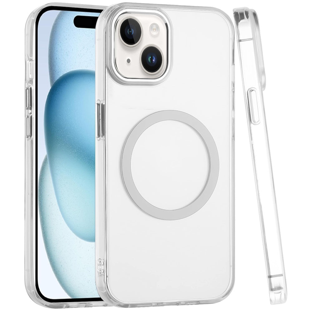 For iPhone 15 (6.1") Transparent Back Hybrid Case - Magnetic Circle, Color Frame, Metal Buttons, MagSafe Compatible Case Cover