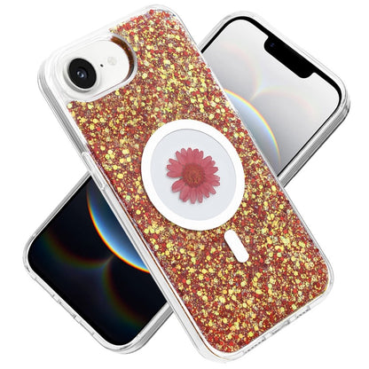 For Apple iPhone 17E /16E MagSafe Compatible Glitter Flower Epoxy Hybrid Slim TPU Case, Magnetic Circle Design, Sparkly Bling Protective Case Cover