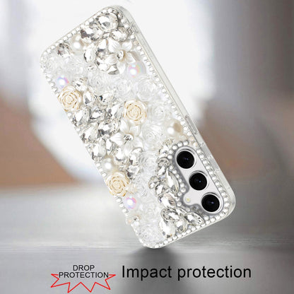 For Samsung Galaxy S26 Fashion Rose Flower Floral, 3D Bling Crystal Full Diamonds Pearl Sparkle Rhinestone Glitter Hybrid Case Cover