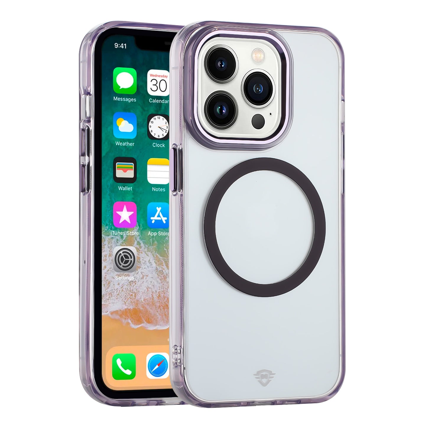 For Apple iPhone 16 (6.1") Transparent Back Hybrid Case - Magnetic Circle, Color Frame, Metal Buttons, MagSafe Compatible Case Cover Light Purple
