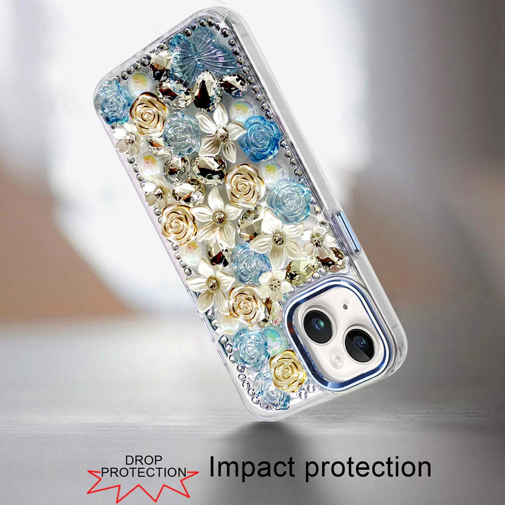 For Apple iPhone 17E /16E 3D Diamond Floral Roses Flower Bling Stone Hybrid, Sparkly Rhinestone Gemstone Back Shockproof Case Cover