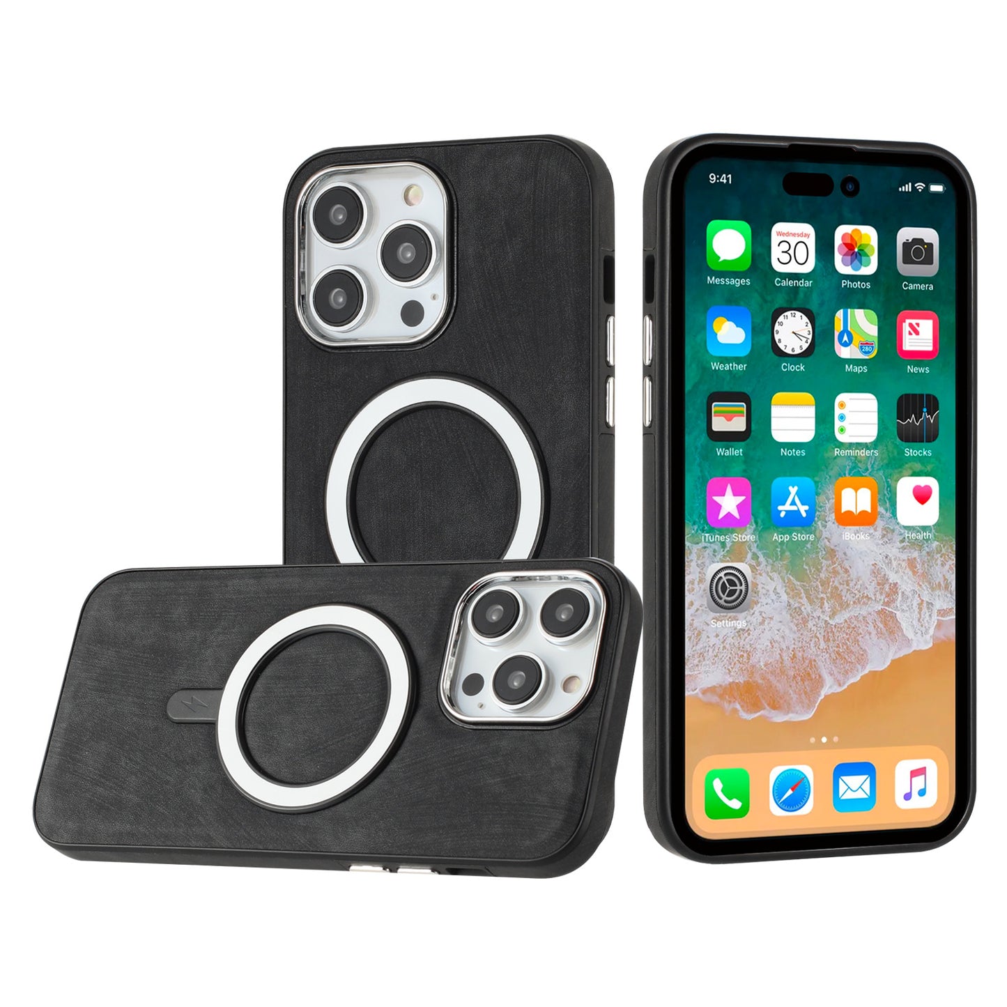 For Apple iPhone 17 Fashion PU Vegan Leather Chrome Edge Hybrid, MagSafe Compatible, Durable TPU Hard PC Case Cover Black