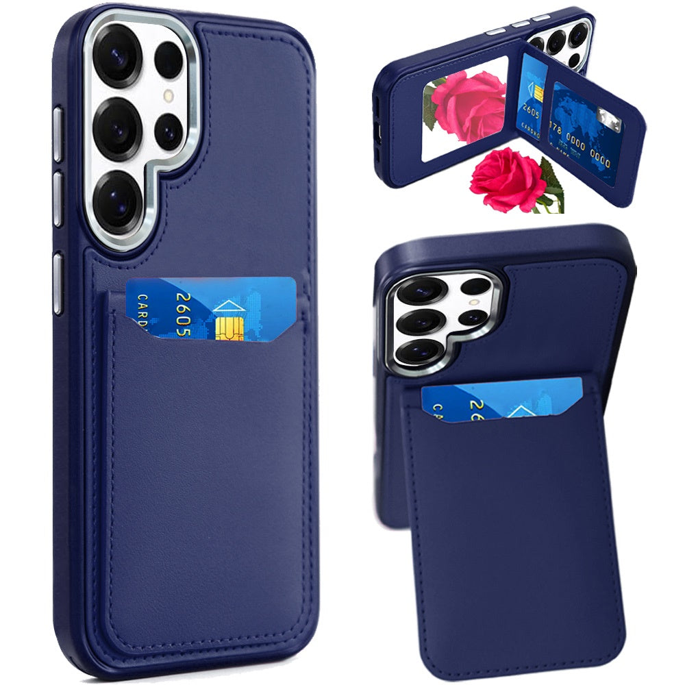 For Samsung Galaxy S25 Ultra PU Leather Wallet Cover with Credit Card Holder, Kickstand & Mirror Inside Slim Fit TPU & PC Hybrid Design Case Cover