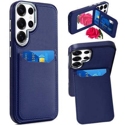 For Samsung Galaxy S25 Ultra PU Leather Wallet Cover with Credit Card Holder, Kickstand & Mirror Inside Slim Fit TPU & PC Hybrid Design Case Cover