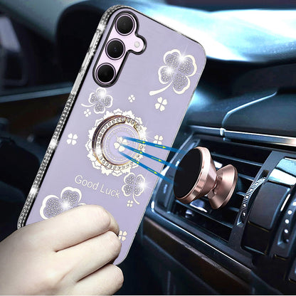 For Samsung Galaxy A37 Diamonds Bling All Around Edges Sparkly Glitter Hybrid with Ring Stand Holder Fashion Good Luck Case Cover