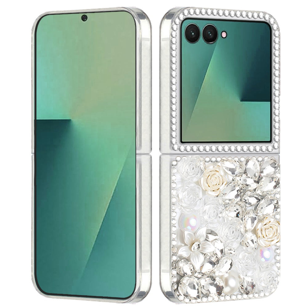 For Samsung Galaxy Z Flip 7 Fashion Rose Flower Floral Bling Crystal 3D Full Diamonds Pearl Sparkle Rhinestone Glitter Hybrid Case Cover