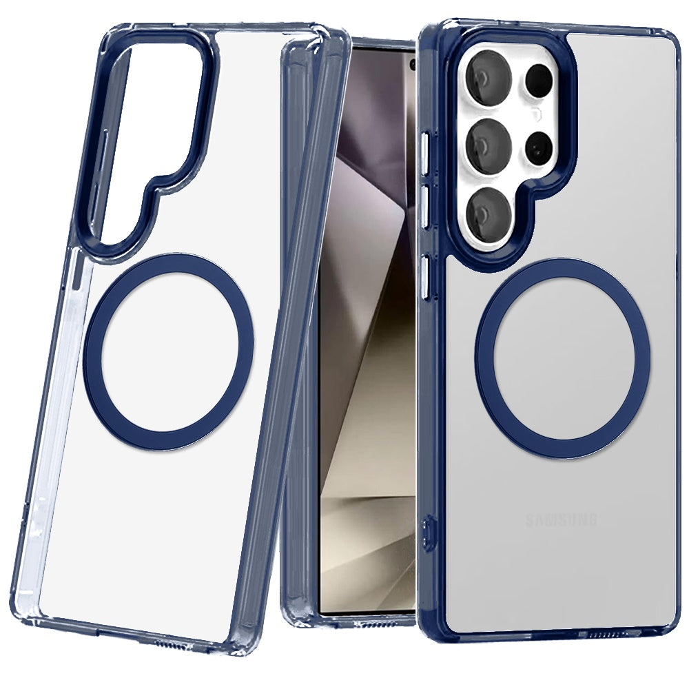 For Samsung Galaxy S25 Ultra Transparent Back Hybrid Case - Magnetic Circle, Color Frame, Metal Buttons, MagSafe Compatible Case Cover