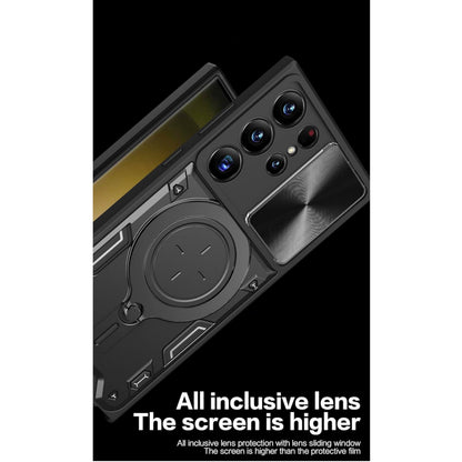 For Samsung Galaxy S26+ / S26 Plus Hybrid Shockproof with Magnetic Ring Stand, Compatible with Magsafe & Sliding Camera Lens Protector Case Cover Black