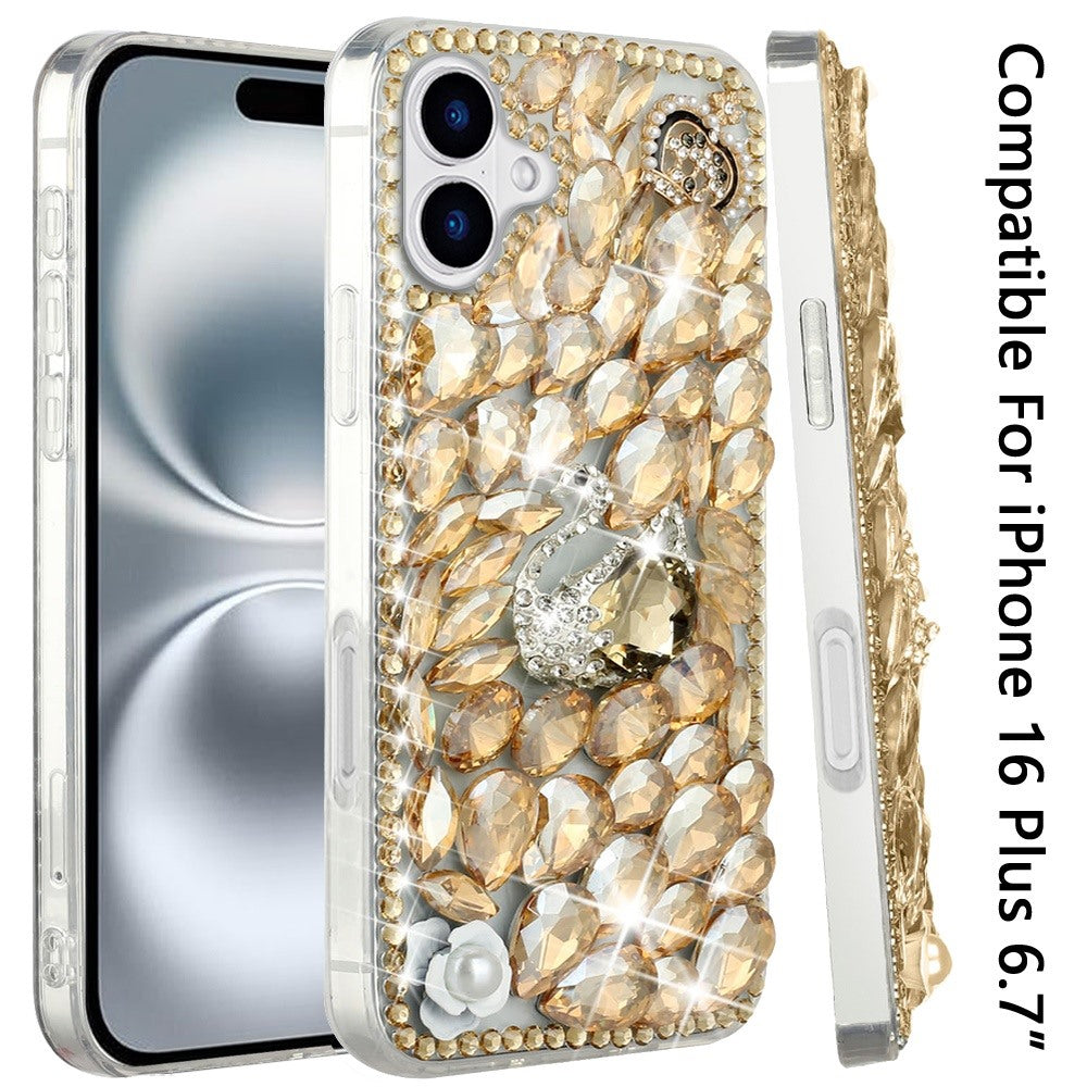 For Apple iPhone 16 Plus (6.7") Bling Crystal 3D Full Diamonds Luxury Sparkle Rhinestone Hybrid Protective Case Cover