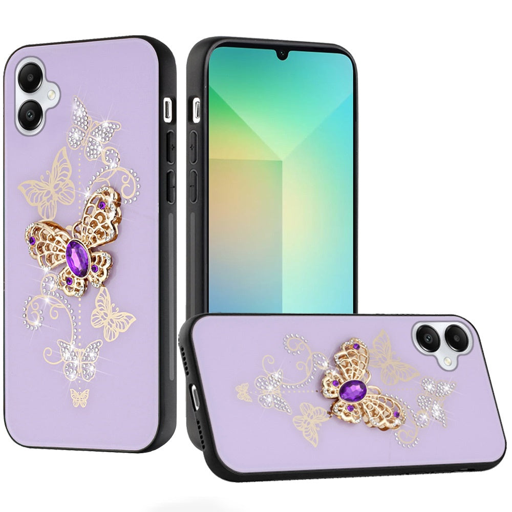 For Samsung Galaxy A06 Diamonds 3D Butterfly Bling Sparkly Glitter Ornaments Engraving Hybrid Metal Fashion Case Cover Purple Garden Butterflies
