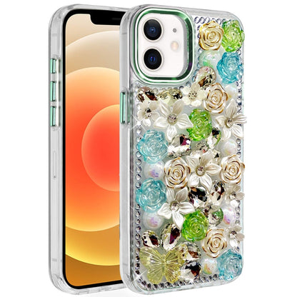 For iPhone 12 / iPhone 12 Pro (6.1") 3D Diamond Floral Roses Flower Bling Stone Hybrid, Sparkly Rhinestone Gemstone Back Shockproof Case Cover Green
