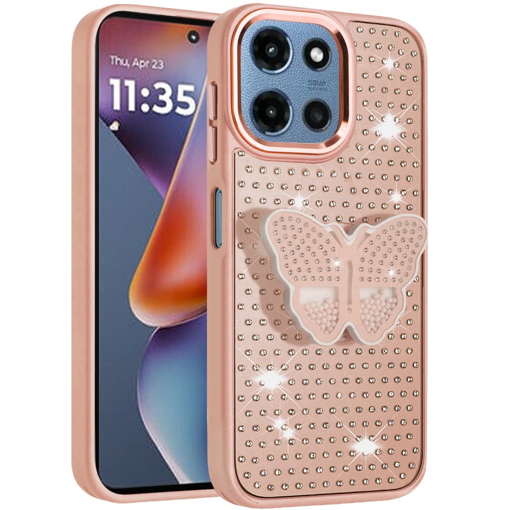 Phone Case for Motorola Moto G Play 5G 2026 Butterfly Grip Pop Stand Diamond Sparkle Hybrid Shockproof Metal Button Slim Protective Grip Decorative Design Cover Rose Gold