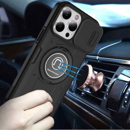 For Apple iPhone 11 Pro Max Build in Invisible Magnetic Ring Stand with Slide Camera Protector, fit Magnetic Car Mount [Compatible with MagSafe] Case Cover Black