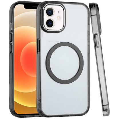 For iPhone 12 / iPhone 12 Pro (6.1") Transparent Back Hybrid Case - Magnetic Circle, Color Frame, Metal Buttons, MagSafe Compatible Case Cover